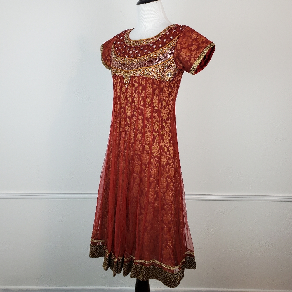Traditional Indian Dress Pakistani Beaded Floral Embellished Metallic Burnt Red - Picture 2 of 16
